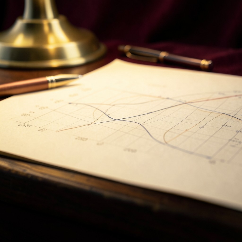 Close view of wave degree marks written beside a price chart under soft brass light