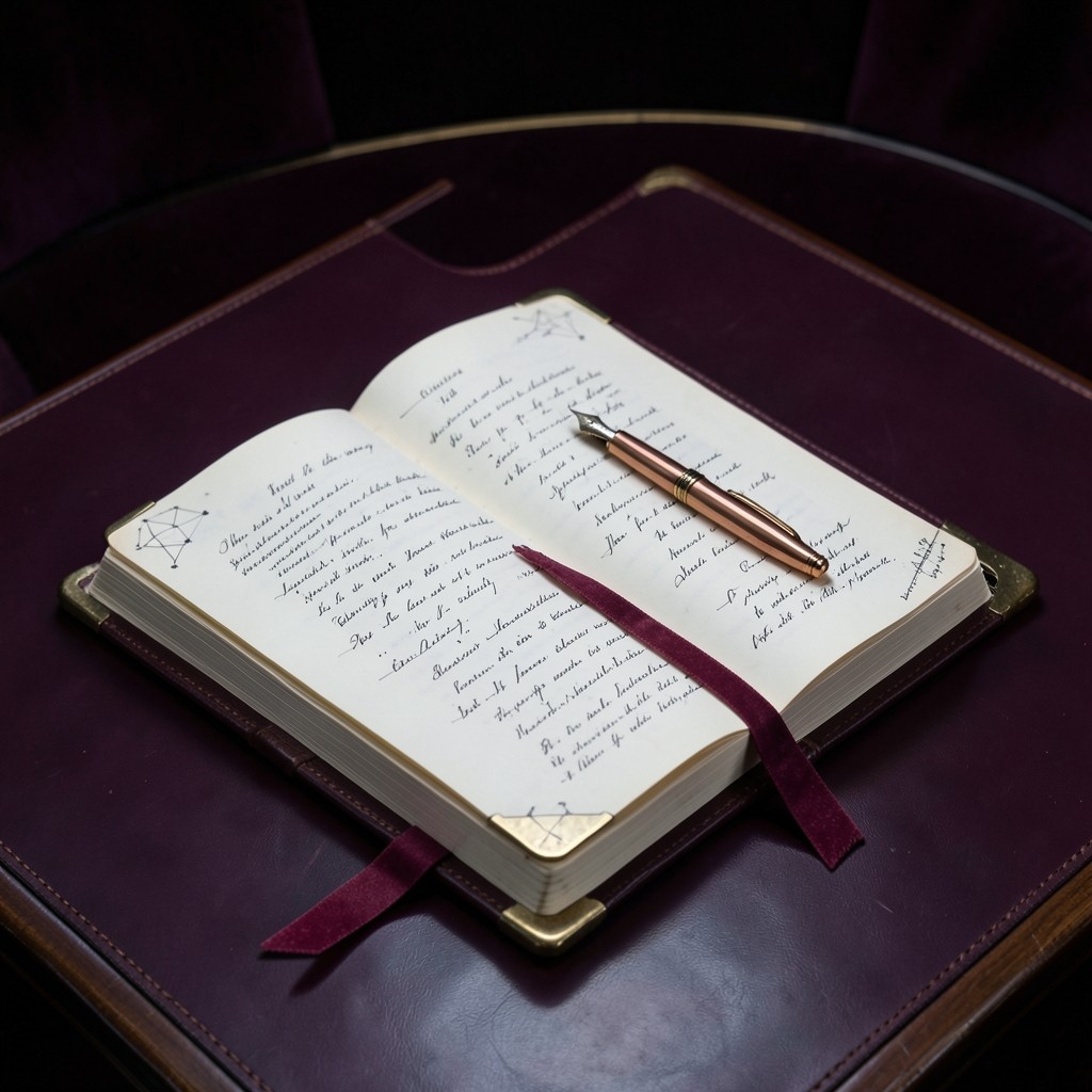 Leather-bound chart journal with copper fountain pen resting on annotated pages