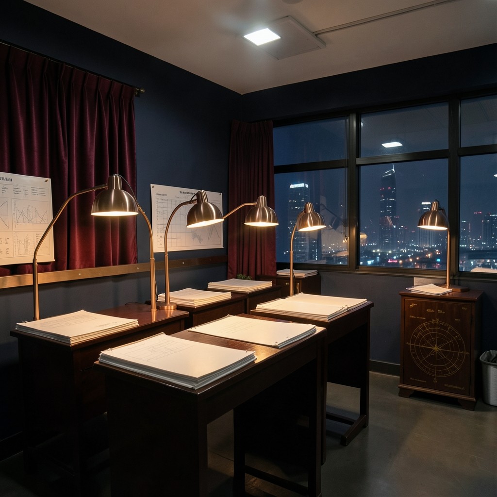 Evening clinic room with chart rails, copper lamps, and prepared annotation panels