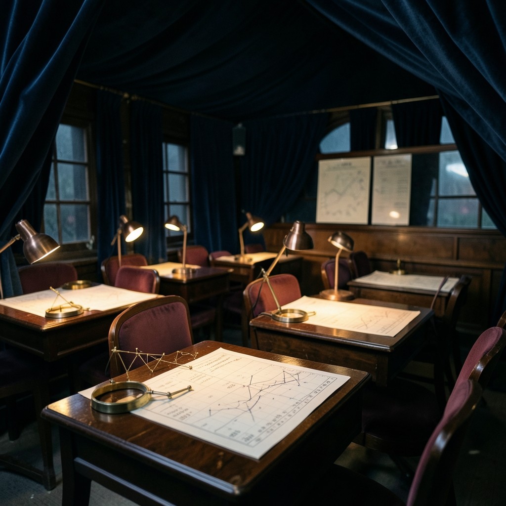 Velvet-draped observatory classroom with charts and copper lamps ready for annotation clinic