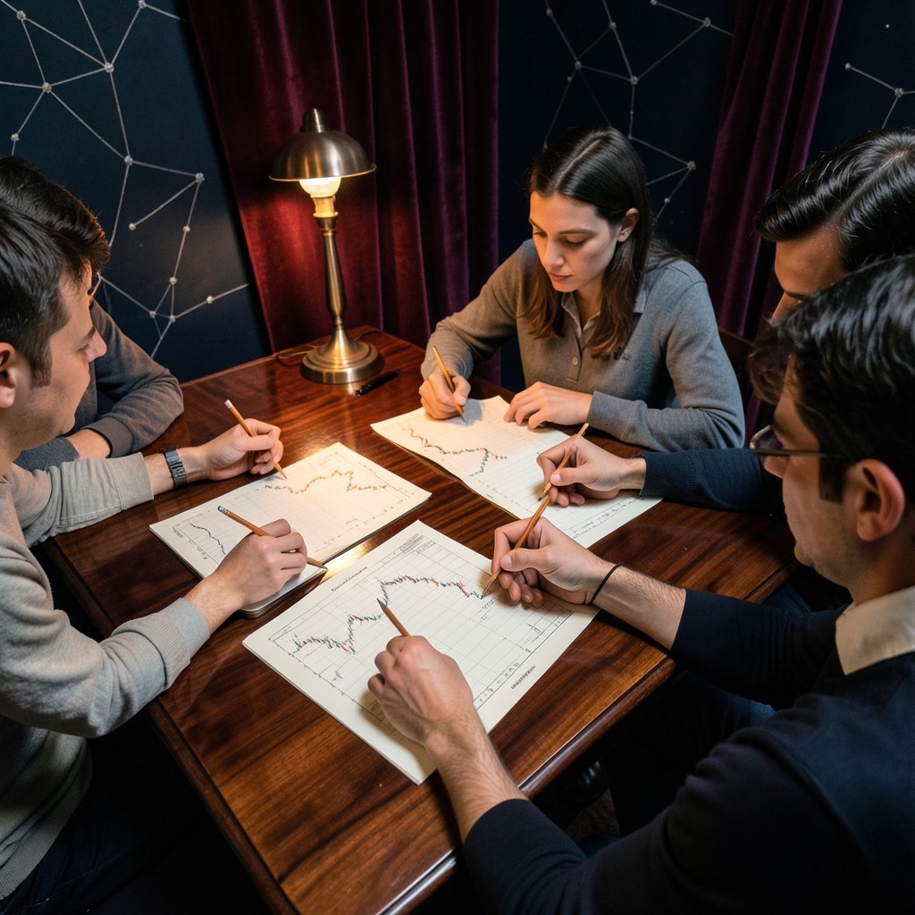 Traders annotating Elliott wave labels on printed charts under warm lamp light