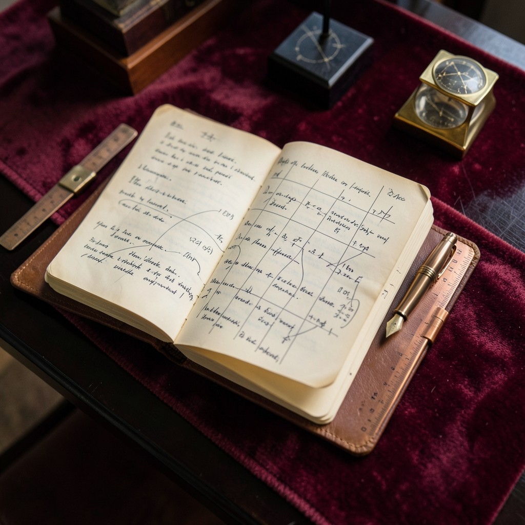 Open chart journal with handwritten Elliott wave notes beside copper ruler